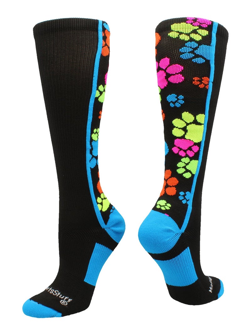 MadSportsStuff Crazy Socks with Paws Over the Calf (Multi-Neon/Black, Small) - Image 1